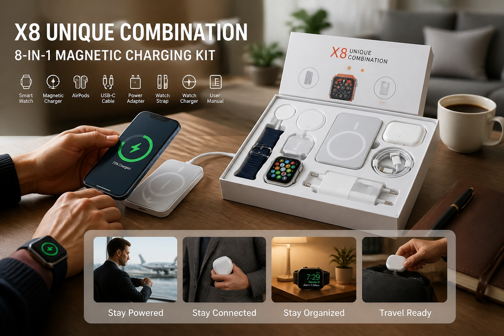 Coffret Cadeau Tech Premium – Écouteurs sans fil, Montre connectée & Chargeurs